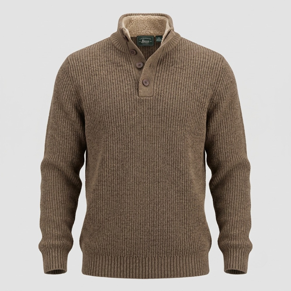 G.H. Bass & Co. Mens Large Brown Sweater 1/4 Button Mock Neck Sherpa‎ Lined Rib